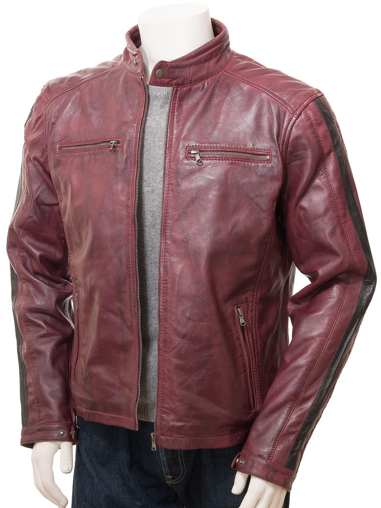 Men's Burgundy Leather Biker Jacket: Mortehoe :: MEN :: Caine